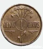 1925 Lithuania 1 Centas UNC aluminium bronze coin with intricate design.