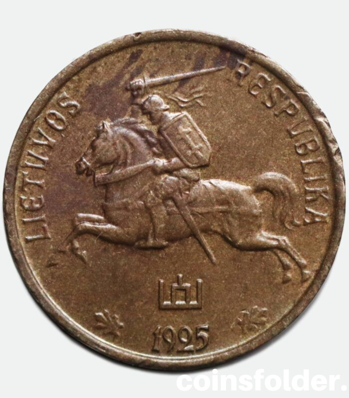 1925 Lithuania 1 Centas UNC aluminium bronze coin with intricate design.