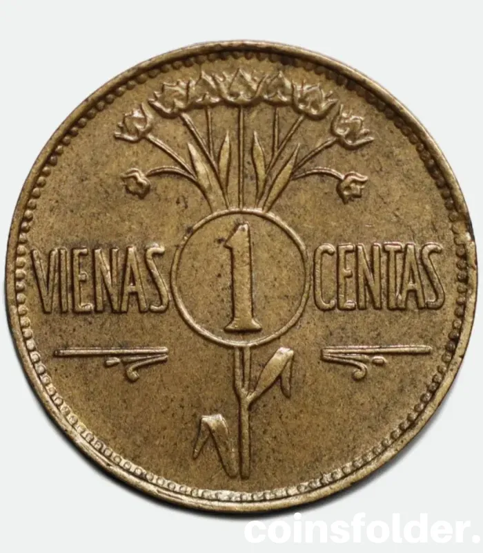 1925 Lithuania 1 Centas XF aluminium bronze coin with intricate design.