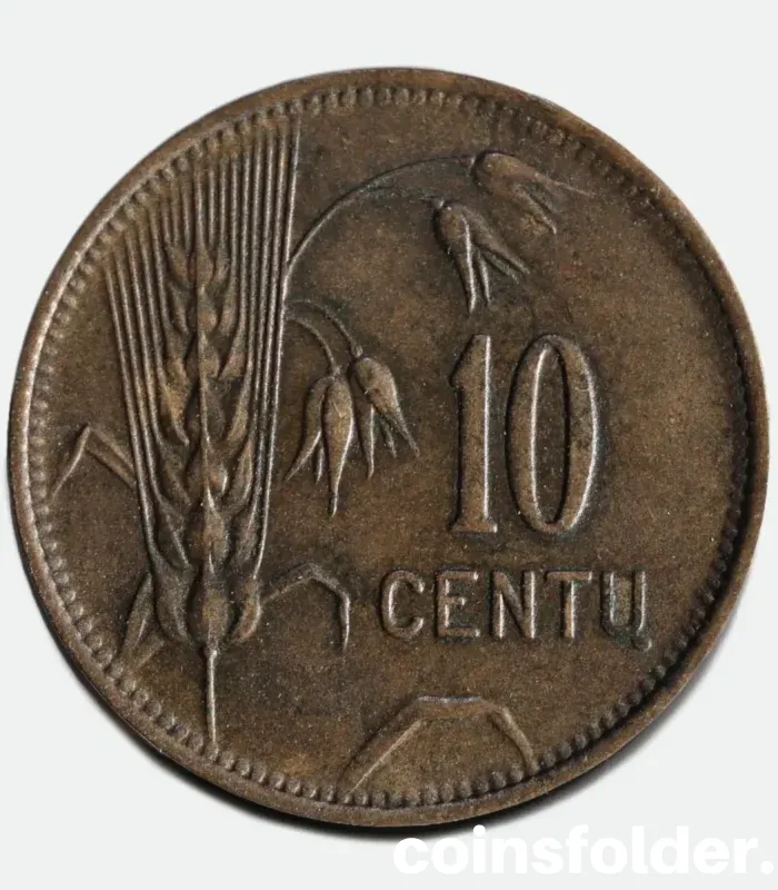 1925 Lithuania 10 Cents coin in VF condition with intricate design details.