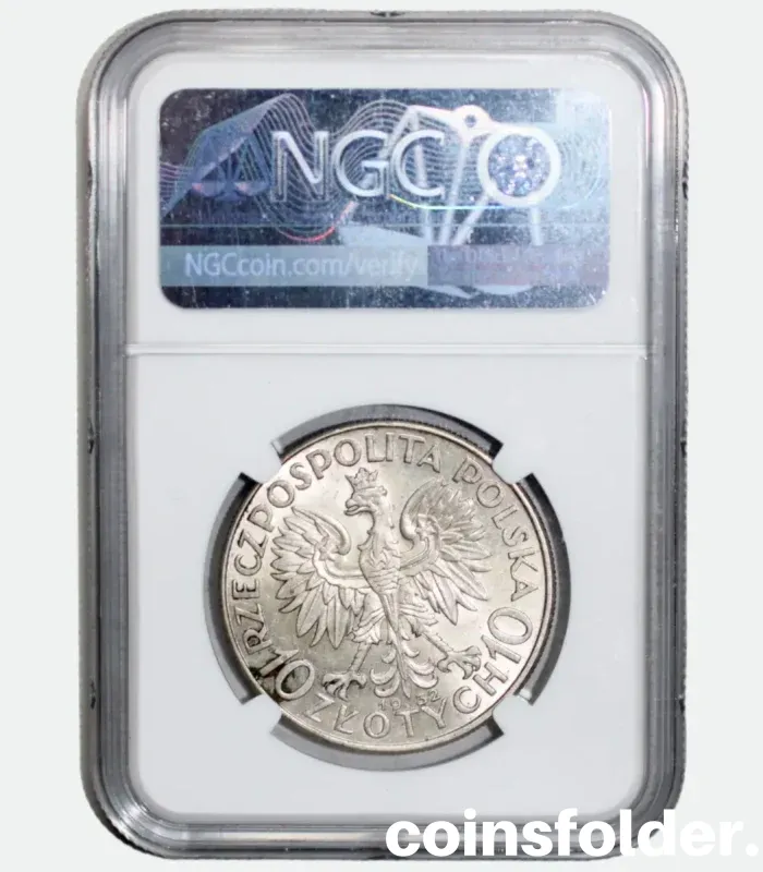 1932 Poland 10 Zlotych silver coin minted in London, certified NGC MS60.