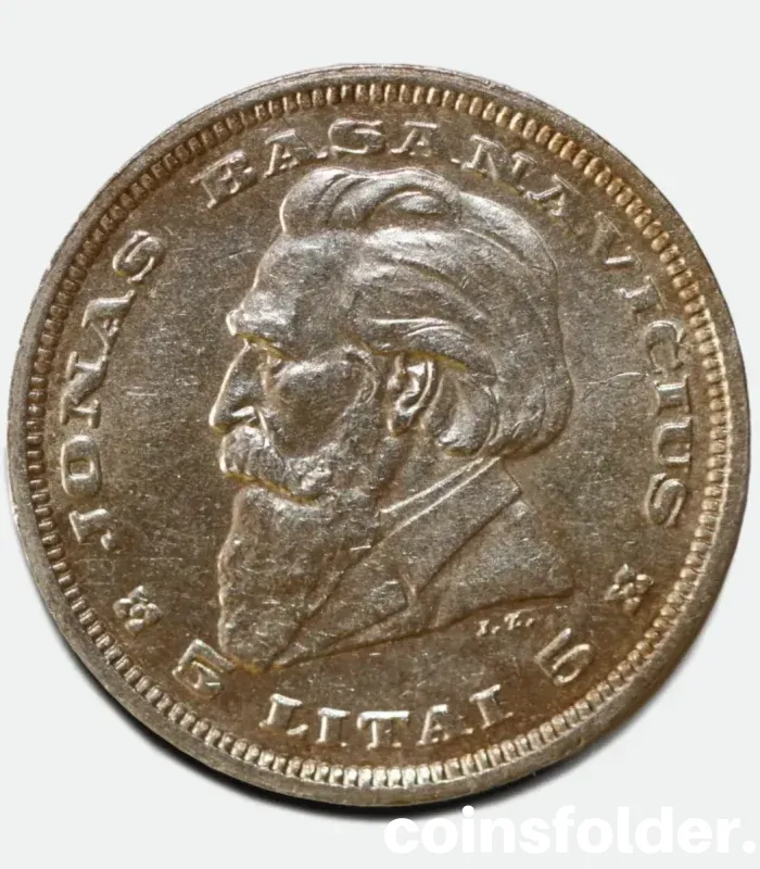 1936 Lithuania 5 Litai silver coin featuring Dr. Jonas Basanavičius in XF condition.