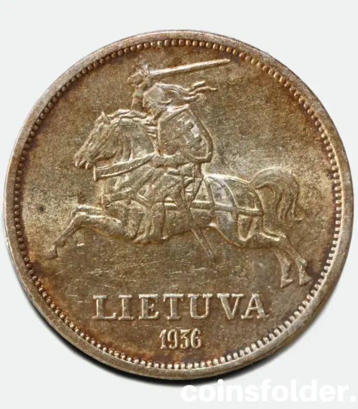 1936 Lithuania 5 Litai silver coin featuring Dr. Jonas Basanavičius in XF condition.