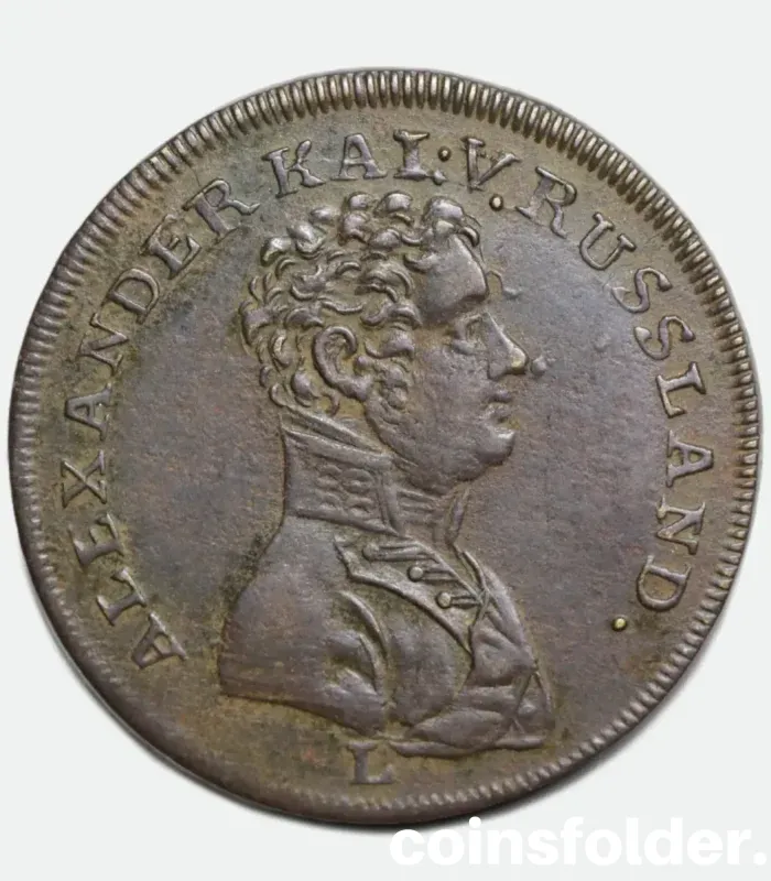 Germany 1810s Nuremberg token featuring Alexander I of Russia and Field Marshal General P.H. Wittgenstein commemorating Napoleon's defeat.