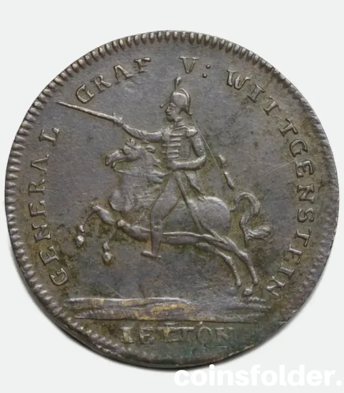 Germany 1810s Nuremberg token featuring Alexander I of Russia and Field Marshal General P.H. Wittgenstein commemorating Napoleon's defeat.