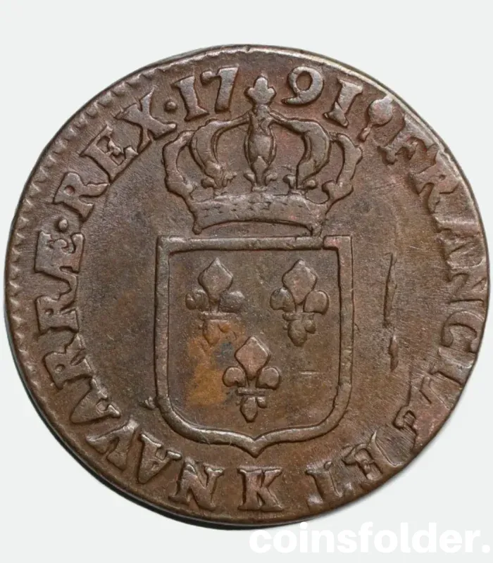 1791 France 1 Sol Coin - Bordeaux (K), Louis XVI - XF, Rare