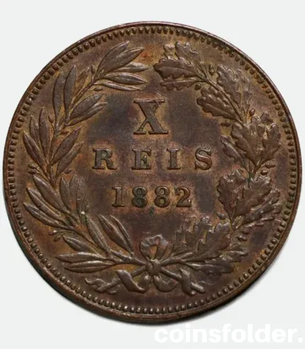 1882 Portugal 10 Reis Coin - Luís I - XF-AU Condition