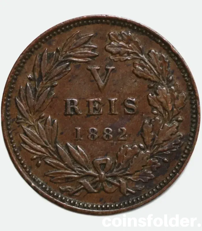 1882 Portugal 5 Reis Coin - Luiz I - XF Condition