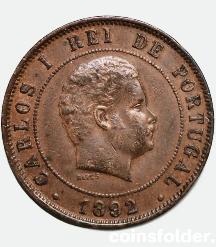 1892 Portugal 20 Reis Coin - Carlos I - XF Condition