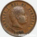 1906 Portugal 5 Reis Coin - Carlos I - VF-XF Condition