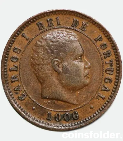 1906 Portugal 5 Reis Coin - Carlos I - VF-XF Condition