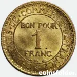 1926 France 1 Franc Coin - Chambers of Commerce, Third Republic, UNC