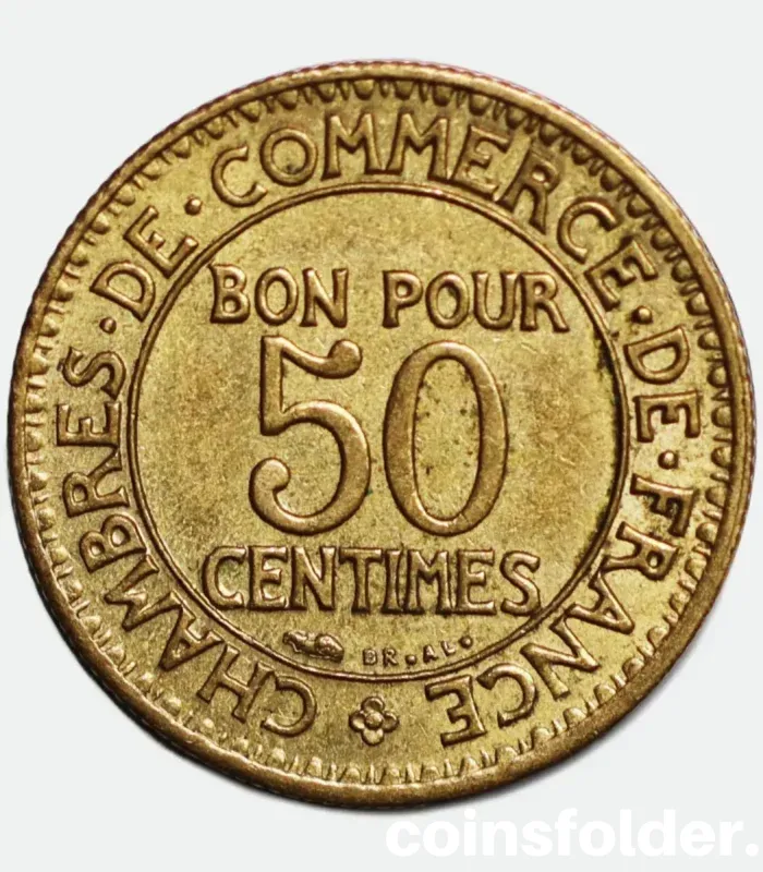 1923 France 50 Centimes Coin - Chambers of Commerce, UNC Condition