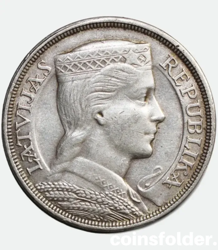 1929 Latvia 5 Lati Coin - Milda Portrait, VF Condition