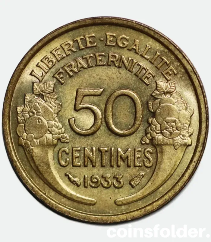 1933 France 50 Centimes Coin - 9 Open Variety, UNC Condition