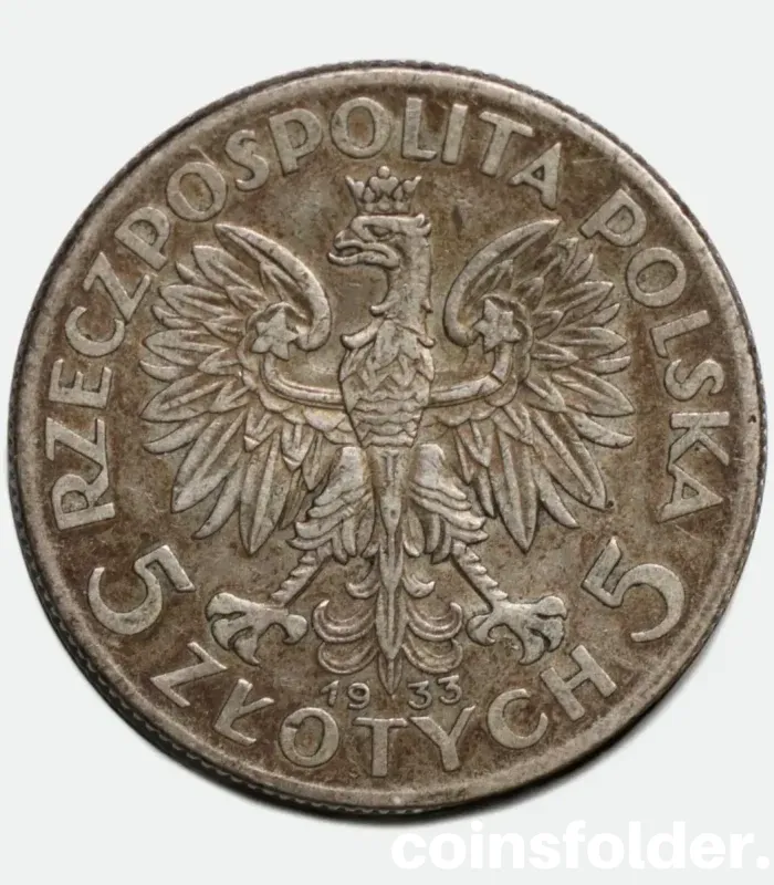 1933 Poland 5 Zlotych Coin - Queen Jadwiga Design, XF, dark patina