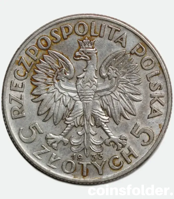 1933 Poland 5 Zlotych Coin - Queen Jadwiga Design, XF