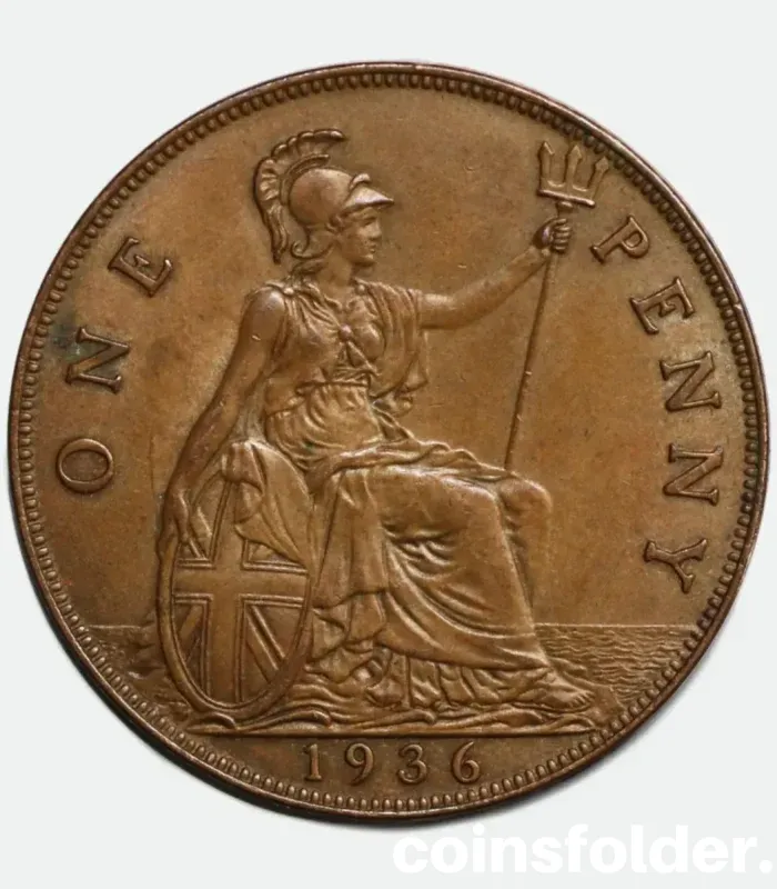 1936 UK 1 Penny Coin - George V, XF Condition