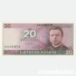 1991 Lithuania 20 Litu Banknote - Series AA, AU (Slight Bend) - Rare Post-Independence Currency