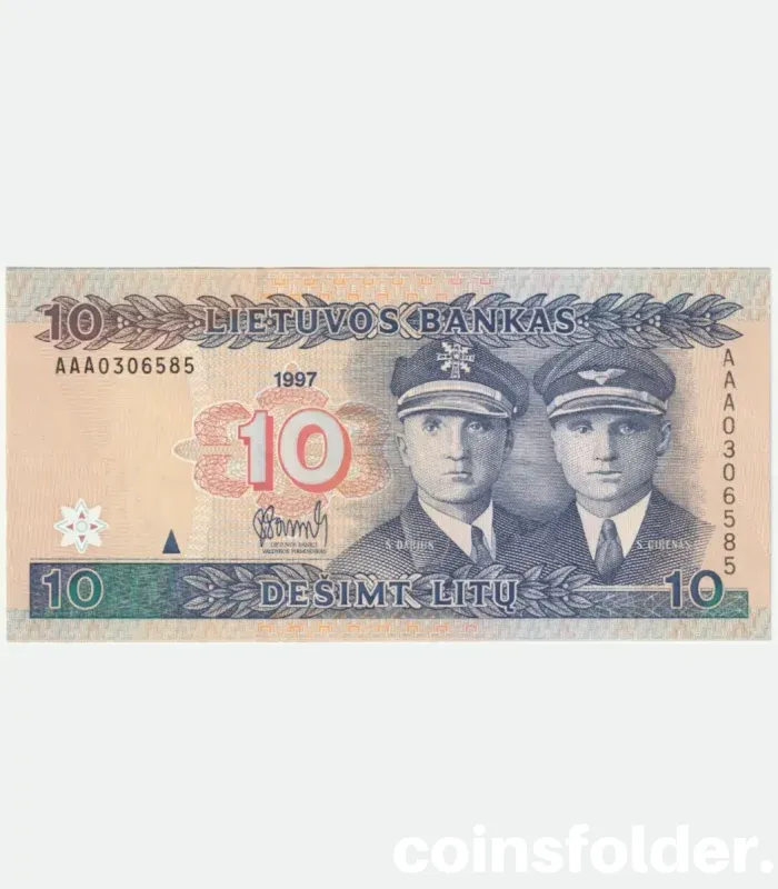 1997 Lithuania 10 Litu Banknote - Series AAA, UNC - Aviators Darius & Girenas