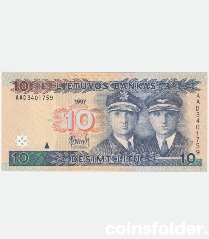 1997 Lithuania 10 Litu Banknote - Series AAD, UNC - Aviators Darius & Girenas