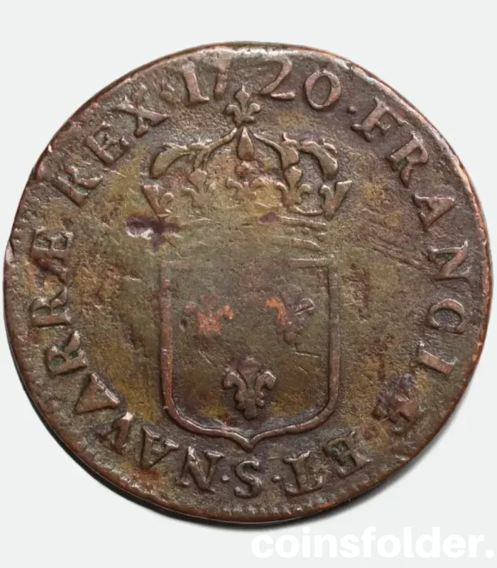 Rare 1720 France 1 Sol Coin - Reims (S), Louis XV - VF Condition