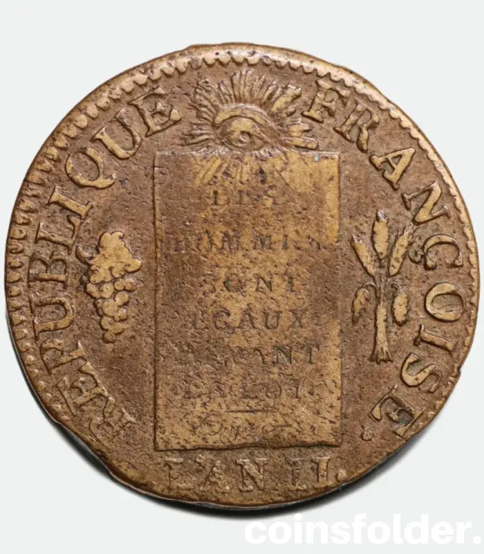 1793 France 1 Sol AA Metz Coin from the Revolution Era, VF