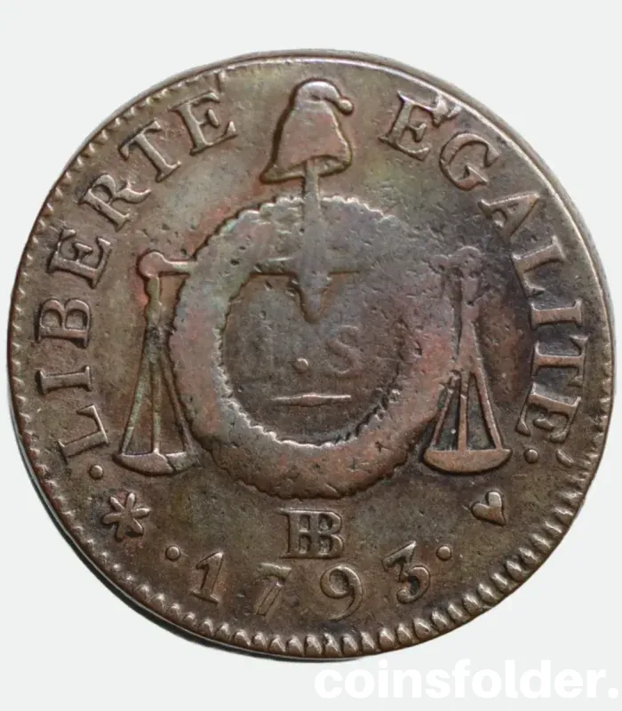 1793 France 1 Sols Coin - Strasbourg (BB), Revolution Era - VF Condition