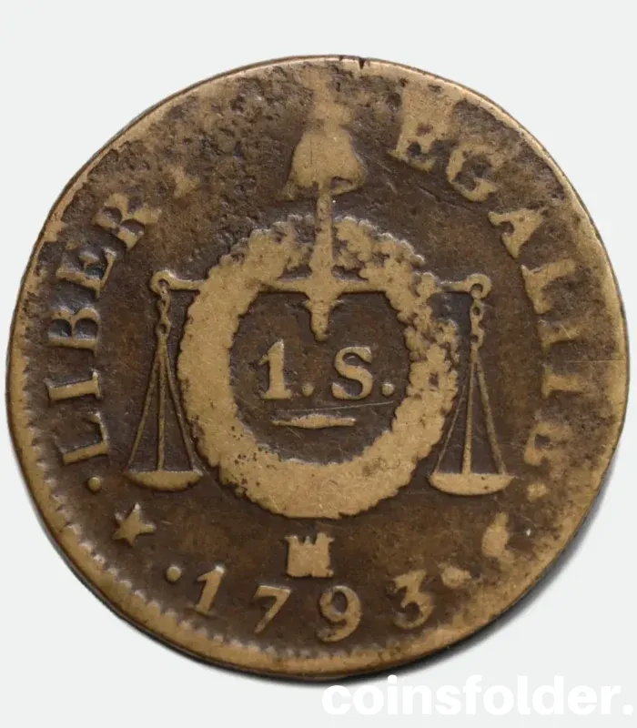 1793 France 1 Sol Coin - Marseille (MA), Revolution Era - Fine Condition