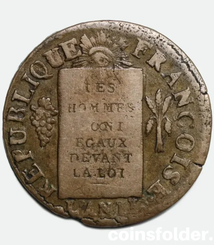 1793 France 1 Sol Coin - Lille (W), Revolution Era - Fine Condition