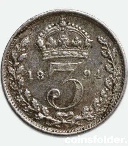 1894 Great Britain 3 Pence Coin – VF – Queen Victoria