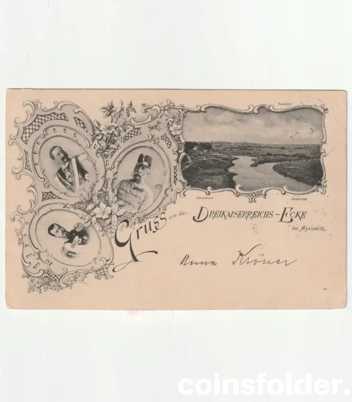 Three Emperors' Corner antique postcard with portraits and stamps