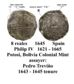 1645 Spanish Colonial Silver 8 Reales Cob Potosi Philip IV TR