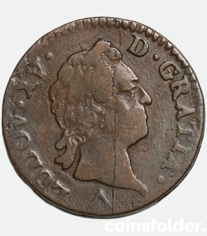 1774 France 1 Sol Lille Mint Louis XVI Copper Coin F-VF