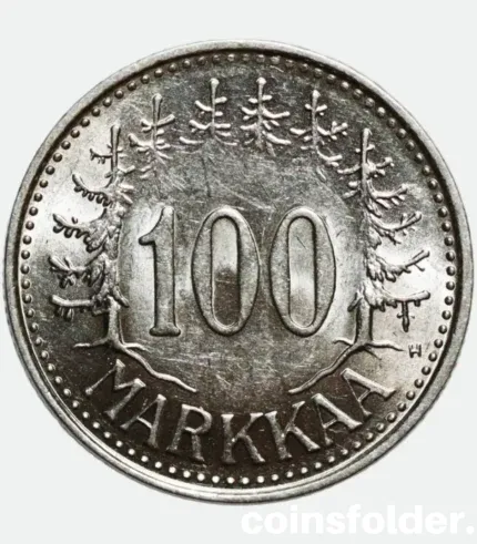 1958 Finland 100 Markkaa Silver Coin UNC