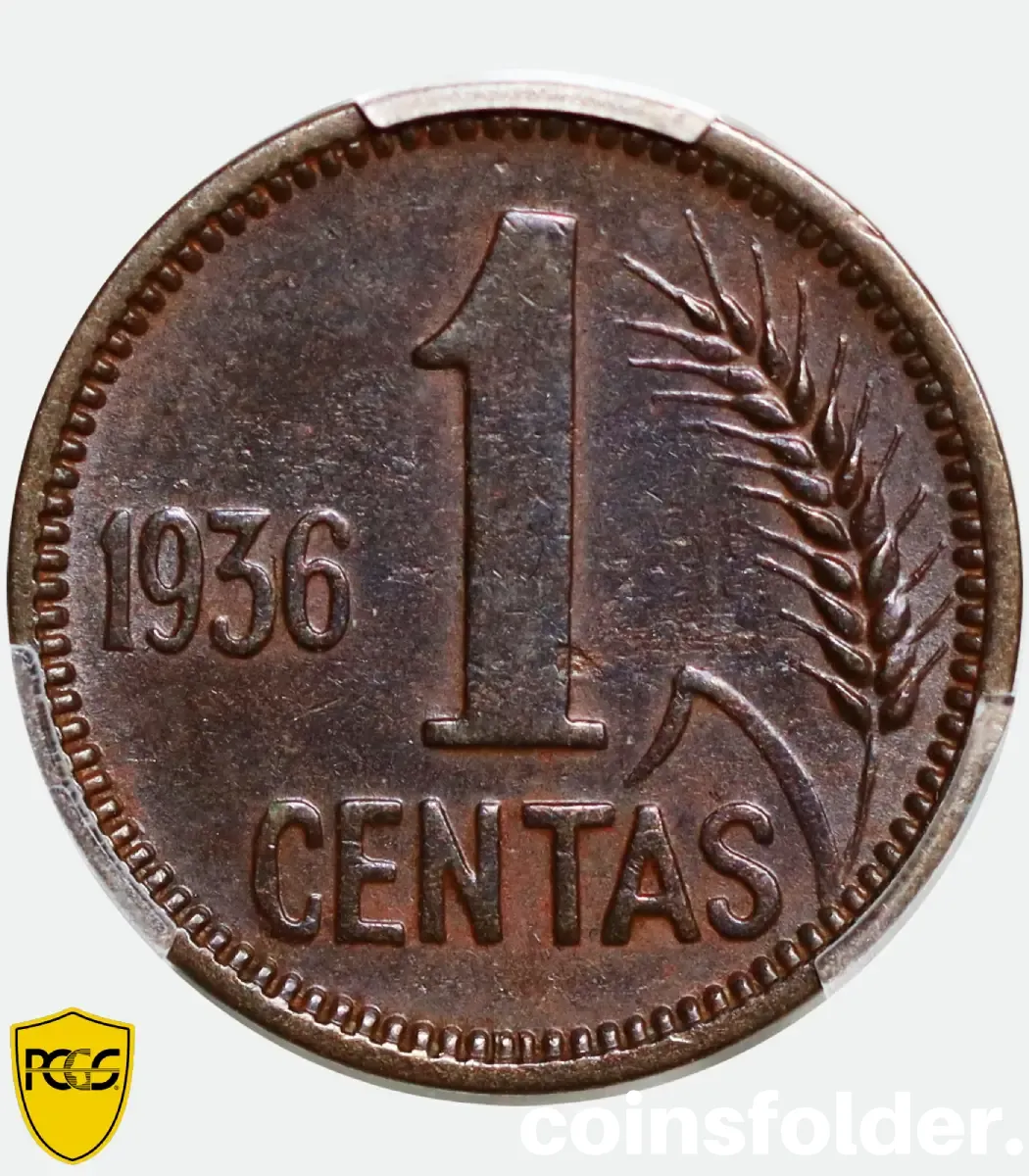 1936 Lithuania 1 Centas Bronze Coin – PCGS AU50 1936 Lithuania 1 Centas bronze coin PCGS AU50 obverse and reverse